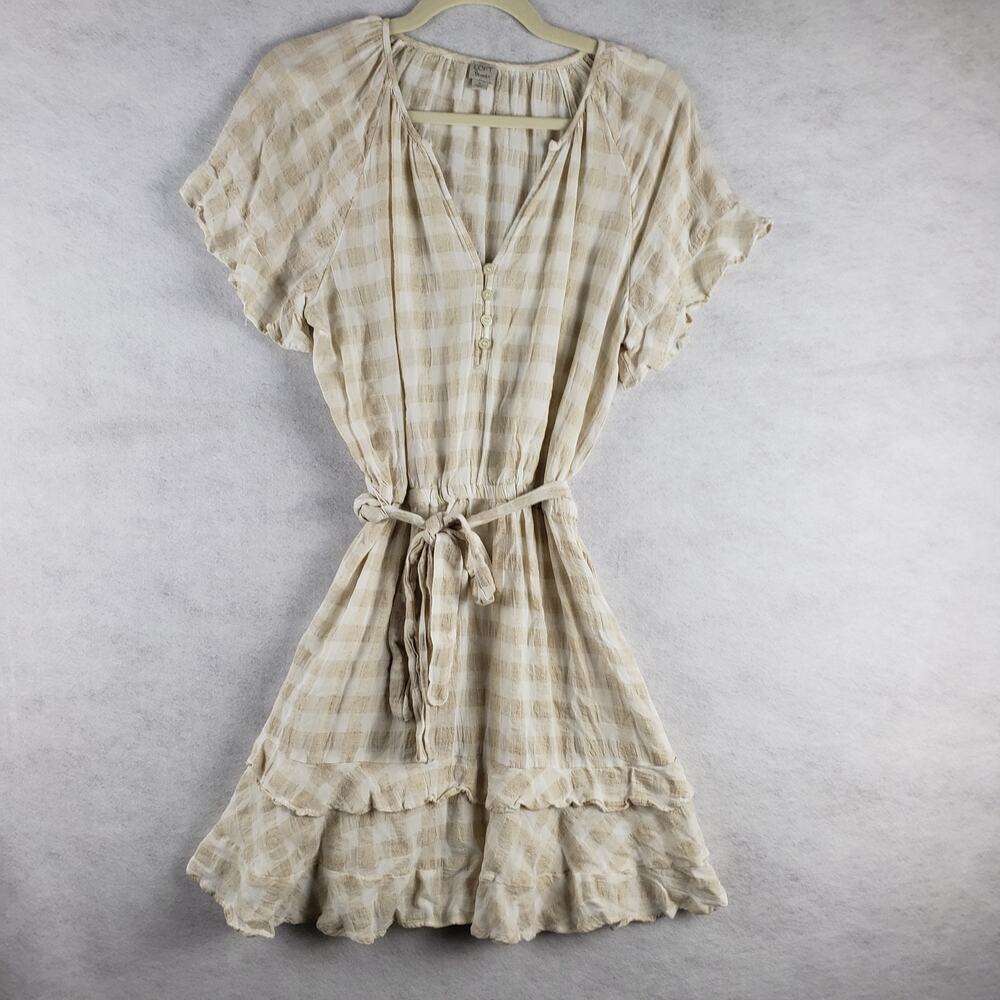 Loft Beach M Short Sleeve Ruffle Peasant Dress‎ Cream Gingham Plaid Coquette